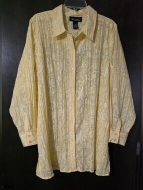 Denim&Co Yellow Floral Button-Up Blouse Cover Up Long Sleeve Women's Size 1X